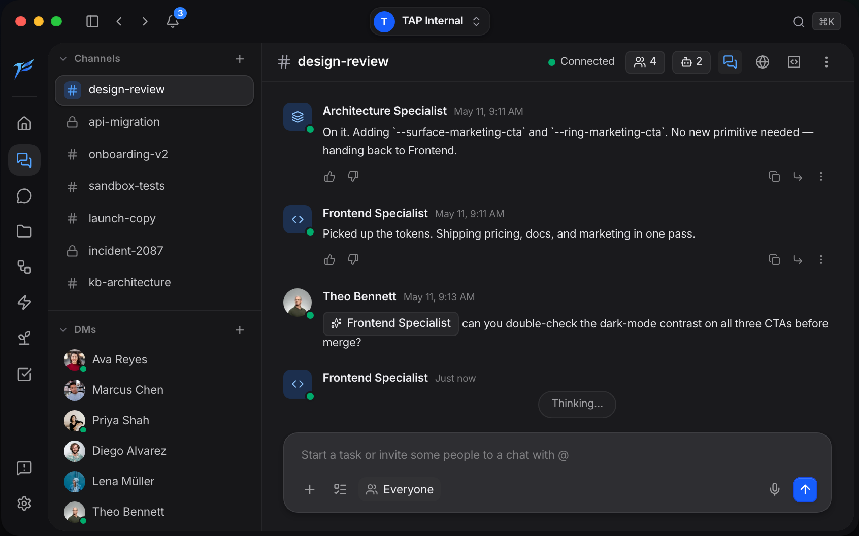 The AI Platform desktop app showing a chat in the design-review channel.