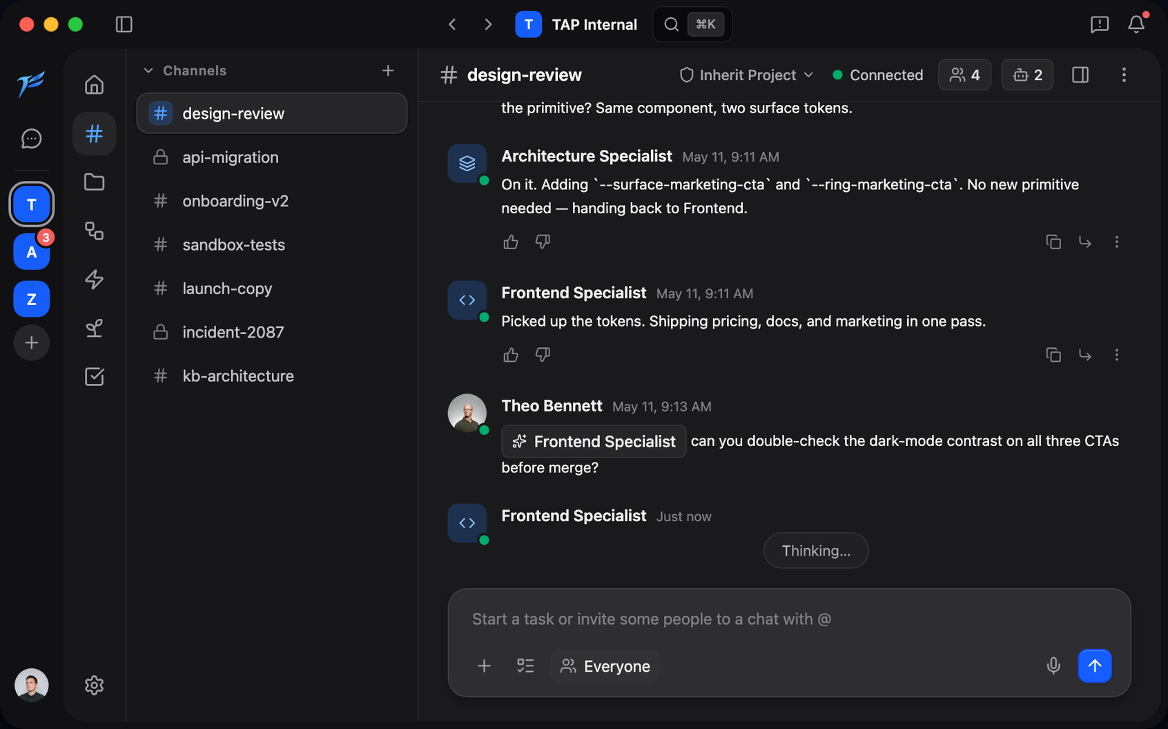 The AI Platform desktop app showing a chat in the design-review channel.