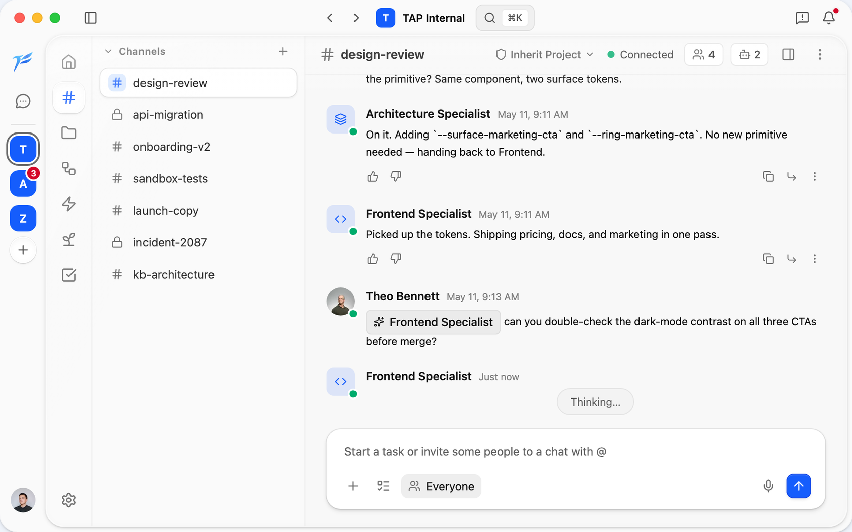 The AI Platform desktop app showing a chat in the design-review channel.