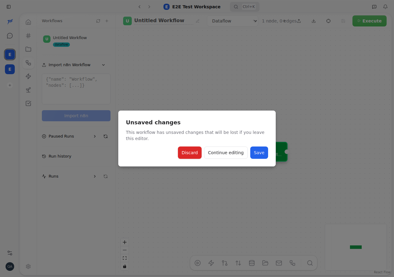 A spurious unsaved-changes dialog appearing in the workflow editor after a clean save, captured by an agent over CDP